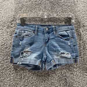 Aeropostale Shorts Womens 0 Blue Denim Midi Pockets Cotton Preppy Logo Casual